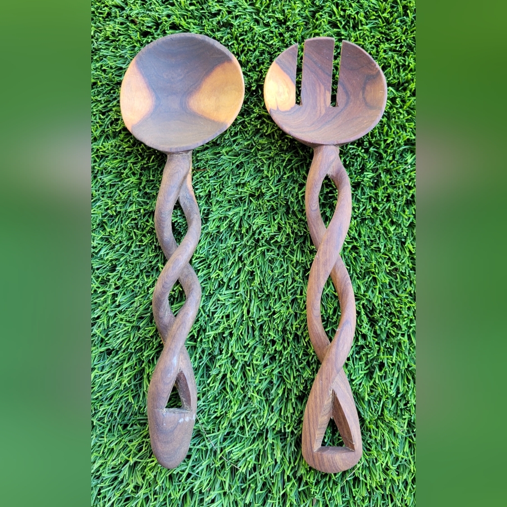 Twisted Hand Solid Wood Carved Salad Serving/mixing Spoon.